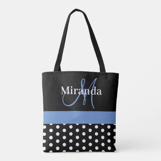 Zwart Wit Blauw Monogram Script Polka Dots Tote Bag (Achterkant)