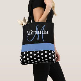 Zwart Wit Blauw Monogram Script Polka Dots Tote Bag