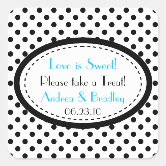 Zwart Wit Blauw Polka Dot Snoep Buffet Bruiloft Vierkante Sticker (Voorkant)