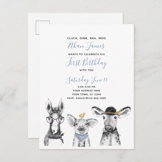 Zwart Wit Blauw Script Boerderij Verjaardagsuitnod Uitnodiging Briefkaart (Voorkant / Achterkant)