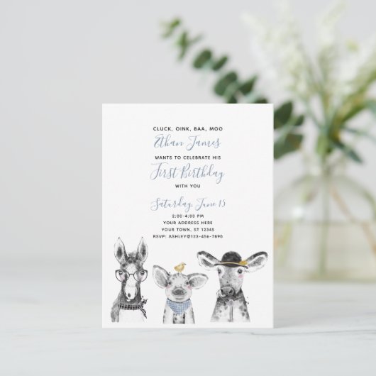 Zwart Wit Blauw Script Boerderij Verjaardagsuitnod Uitnodiging Briefkaart (Staand voorkant)