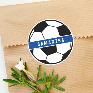 Zwart Wit & Blauw Voetbal Sport Monogram Ronde Sticker