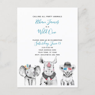 Zwart Wit Blauw Wild One Boy's Verjaardagsfeest Uitnodiging Briefkaart