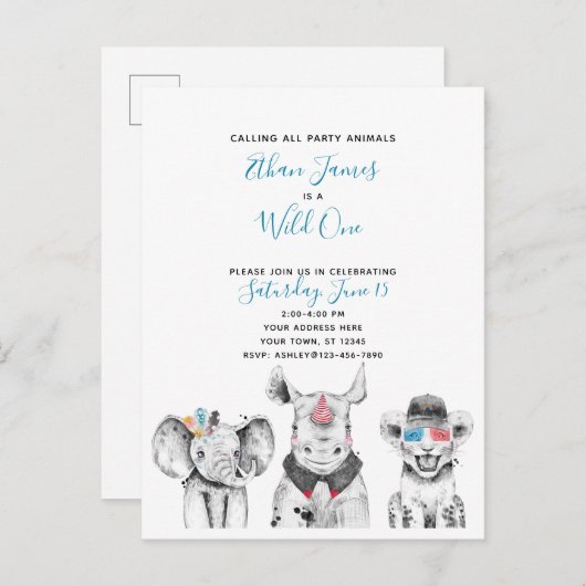 Zwart Wit Blauw Wild One Boy's Verjaardagsfeest Uitnodiging Briefkaart (Voorkant / Achterkant)