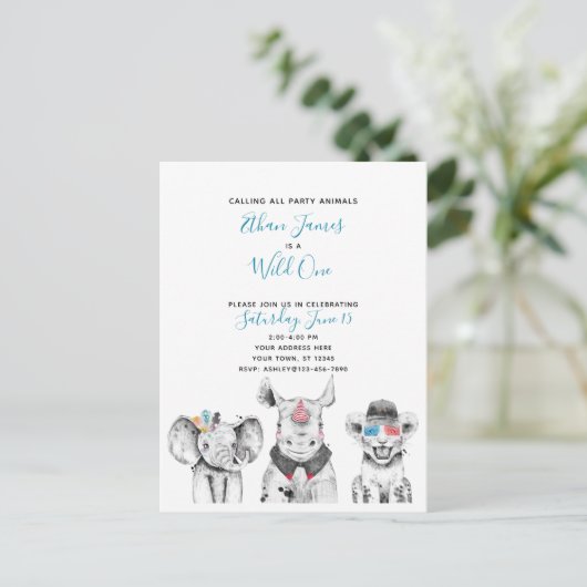 Zwart Wit Blauw Wild One Boy's Verjaardagsfeest Uitnodiging Briefkaart (Staand voorkant)