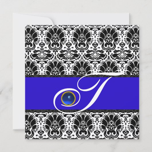 ZWART WIT BLAUWE DAMAST MONOGRAM saffier Metaalgla Kaart (Voorkant)