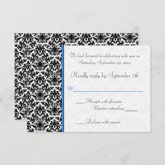 Zwart, Wit, Blauwe Damast RSVP Kaart (Voorkant / Achterkant)