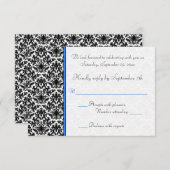 Zwart, Wit, Blauwe Damast RSVP Kaart (Voorkant / Achterkant)