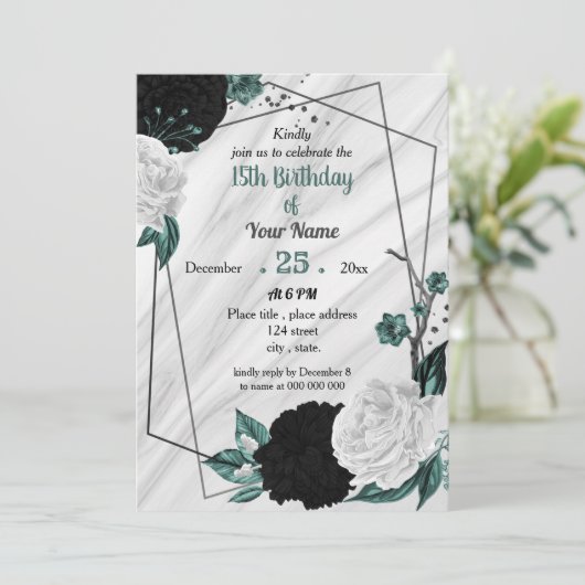 Zwart wit blauwgroen blauw geometrisch verjaardags kaart (Staand voorkant)