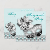 Zwart Wit Blauwgroen Blauw Masquerade Uitnodiginge Kaart (Voorkant / Achterkant)