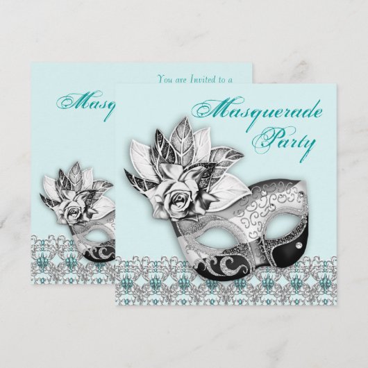 Zwart Wit Blauwgroen Blauw Masquerade Uitnodiginge Kaart (Voorkant / Achterkant)