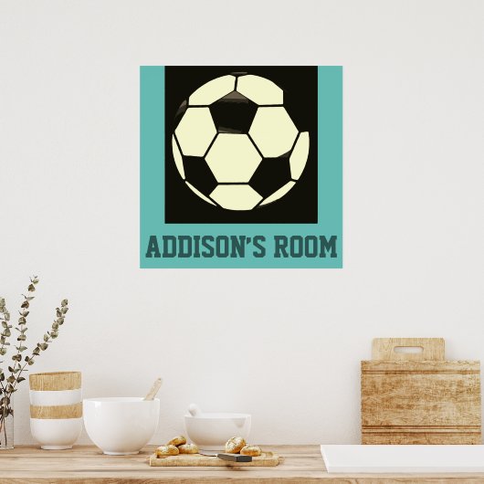 Zwart wit Blauwgroen blauw Voetbal Aangepaste naam Poster (Keuken)