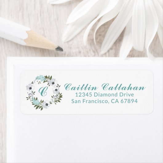 Zwart, wit & Blauwgroen bloemontwerp Monogram Etiket (Insitu)