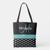 Zwart Wit Blauwgroen Groen Monogram Script Polka D Tote Bag (Achterkant)