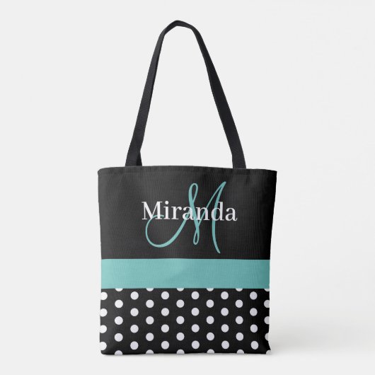 Zwart Wit Blauwgroen Groen Monogram Script Polka D Tote Bag (Achterkant)