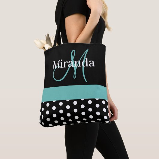 Zwart Wit Blauwgroen Groen Monogram Script Polka D Tote Bag (Dichtbij)