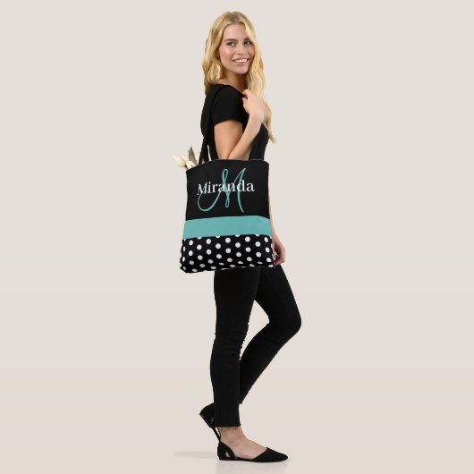 Zwart Wit Blauwgroen Groen Monogram Script Polka D Tote Bag (Op model)