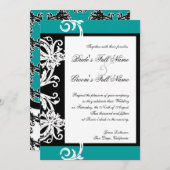 Zwart Wit Blauwgroen Hart Damast Bruiloft Uitnodig Kaart (Voorkant / Achterkant)