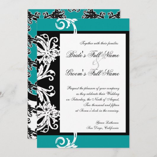 Zwart Wit Blauwgroen Hart Damast Bruiloft Uitnodig Kaart (Voorkant / Achterkant)