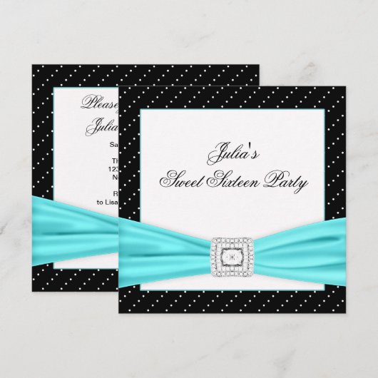 Zwart Wit Blauwgroen Sweet 16 Party Kaart (Voorkant / Achterkant)
