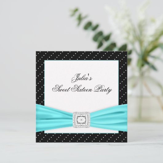 Zwart Wit Blauwgroen Sweet 16 Party Kaart (Staand voorkant)