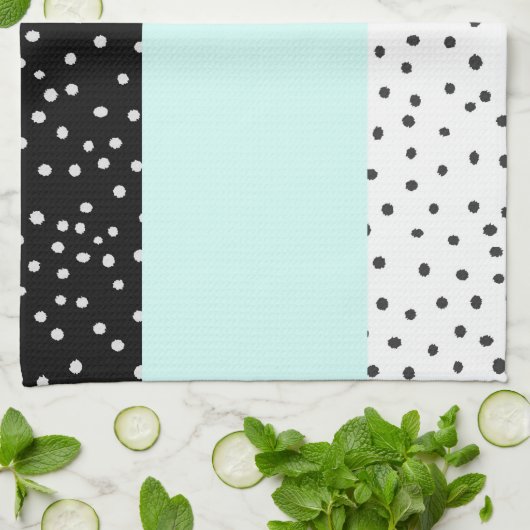 Zwart wit blauwgroen waterverf-puntpatroon theedoek (Gevouwen)