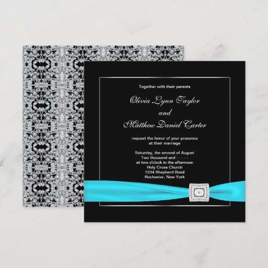 Zwart Wit Blauwgroen Zilveren bruiloft Kaart (Voorkant / Achterkant)