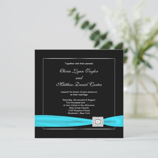 Zwart Wit Blauwgroen Zilveren bruiloft Kaart (Staand voorkant)