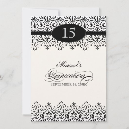 Zwart wit, blik zilver, 15e Quinceanera Kaart (Voorkant)