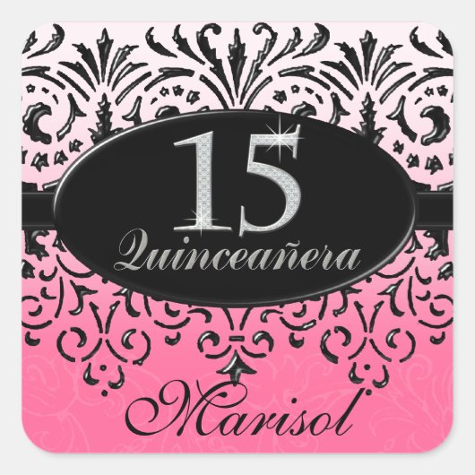 Zwart wit, blik zilver, 15e Quinceanera Vierkante Sticker (Voorkant)