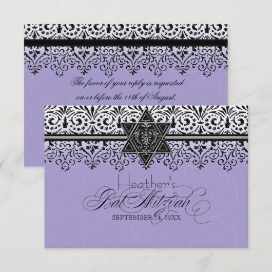 Zwart wit, blik zilver, vet Mitzvah RSVP (Voorkant / Achterkant)