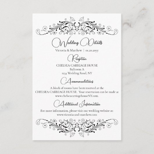 Zwart-wit bloeiende elegantie bruiloft details informatiekaartje (Voorkant)