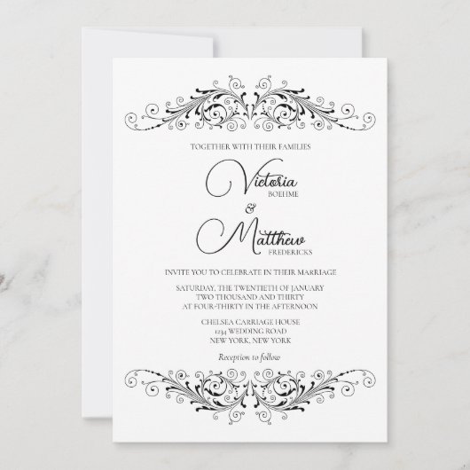 Zwart-wit Bloeiende Elegantie Bruiloft Kaart (Voorkant)