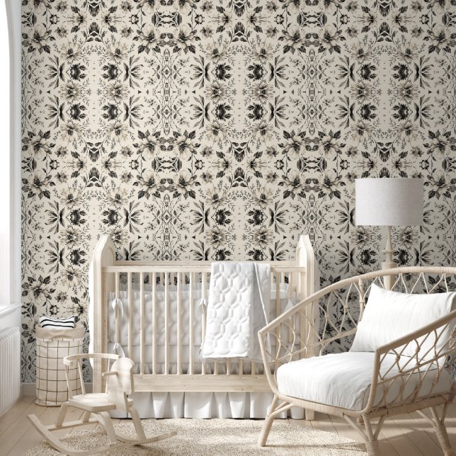 Zwart Wit Bloem Behang - Elegante Damast (Kinderen)