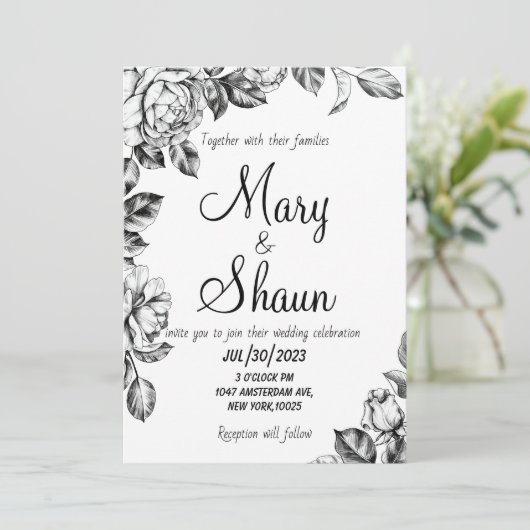 Zwart-wit bloem bruiloft uitnodiging (Staand voorkant)