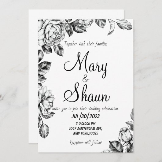 Zwart-wit bloem bruiloft uitnodiging (Voorkant / Achterkant)