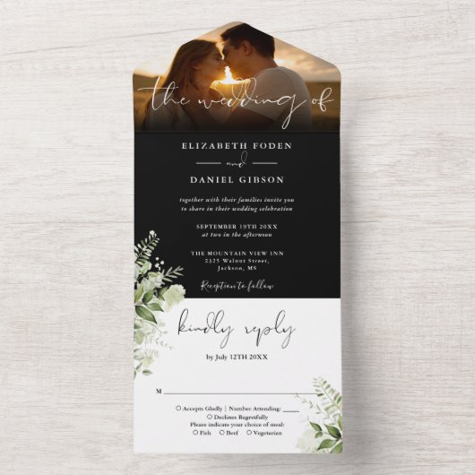 Zwart-wit bloem- en gebladerte-huwelijksfoto all in one uitnodiging (Binnen)