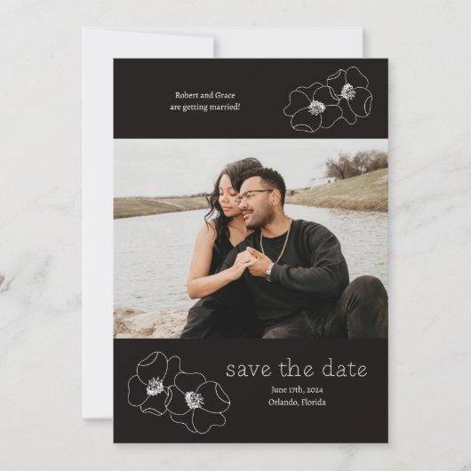 Zwart-Wit Bloem Foto Save The Date Kaart (Voorkant)
