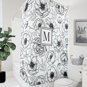 Zwart Wit Bloem Initialen Monogram Douchegordijn