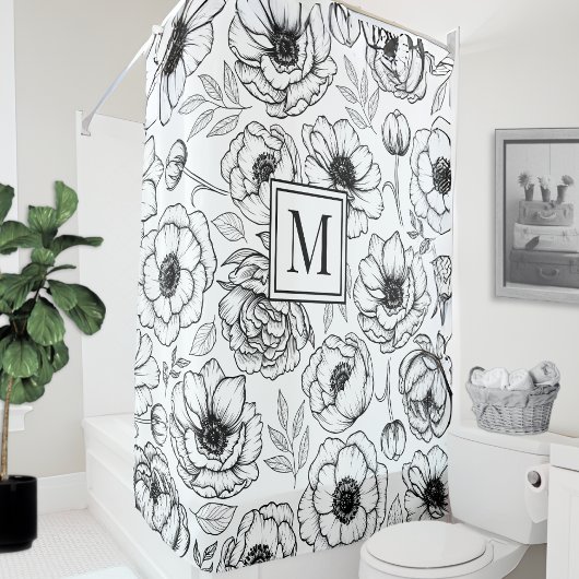 Zwart Wit Bloem Initialen Monogram Douchegordijn