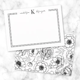 Zwart Wit Bloem Initialen Monogram Notitiekaartje