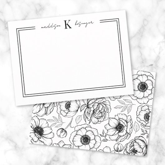 Zwart Wit Bloem Initialen Monogram Notitiekaartje