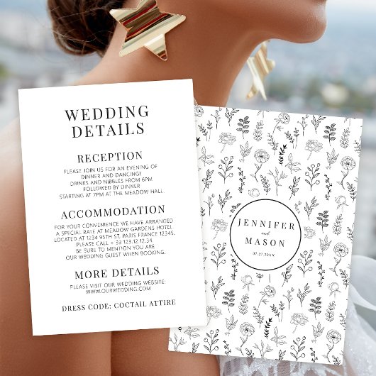 Zwart wit bloem minimalistisch bruiloft details Ka Informatiekaartje