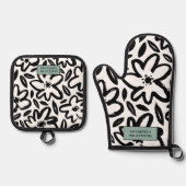 Zwart-wit bloem moderne naam ovenwant & pannenlap set (Voorkant)