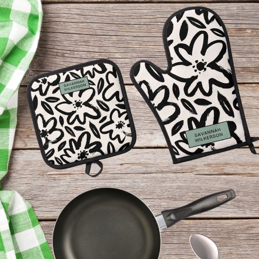 Zwart-wit bloem moderne naam ovenwant & pannenlap set