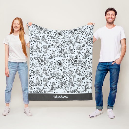 Zwart-wit bloem naadloos patroon met naam fleece deken (In situ)