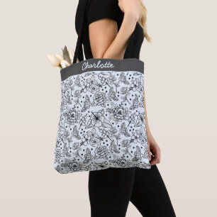 Zwart-wit bloem naadloos patroon met naam tote bag