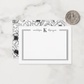 Zwart Wit Bloem Naam Monogram Notitiekaartje (Voorkant / Achterkant in situ)