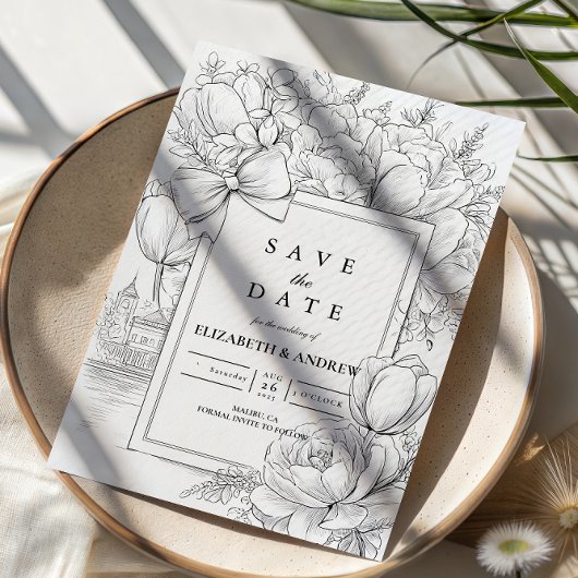 Zwart-wit bloemboog bruiloft save the date
