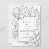 Zwart-wit bloemboog bruiloft save the date (Voorkant)